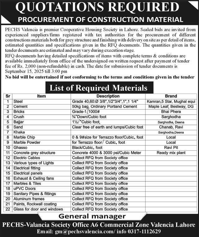 PECHS Valencia Tender Notice
